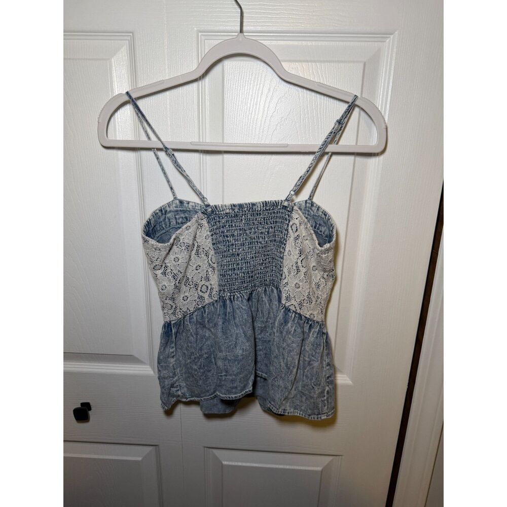 Kirra Denim Lace Peplum Cami Top Medium Blue White Boho Juniors M